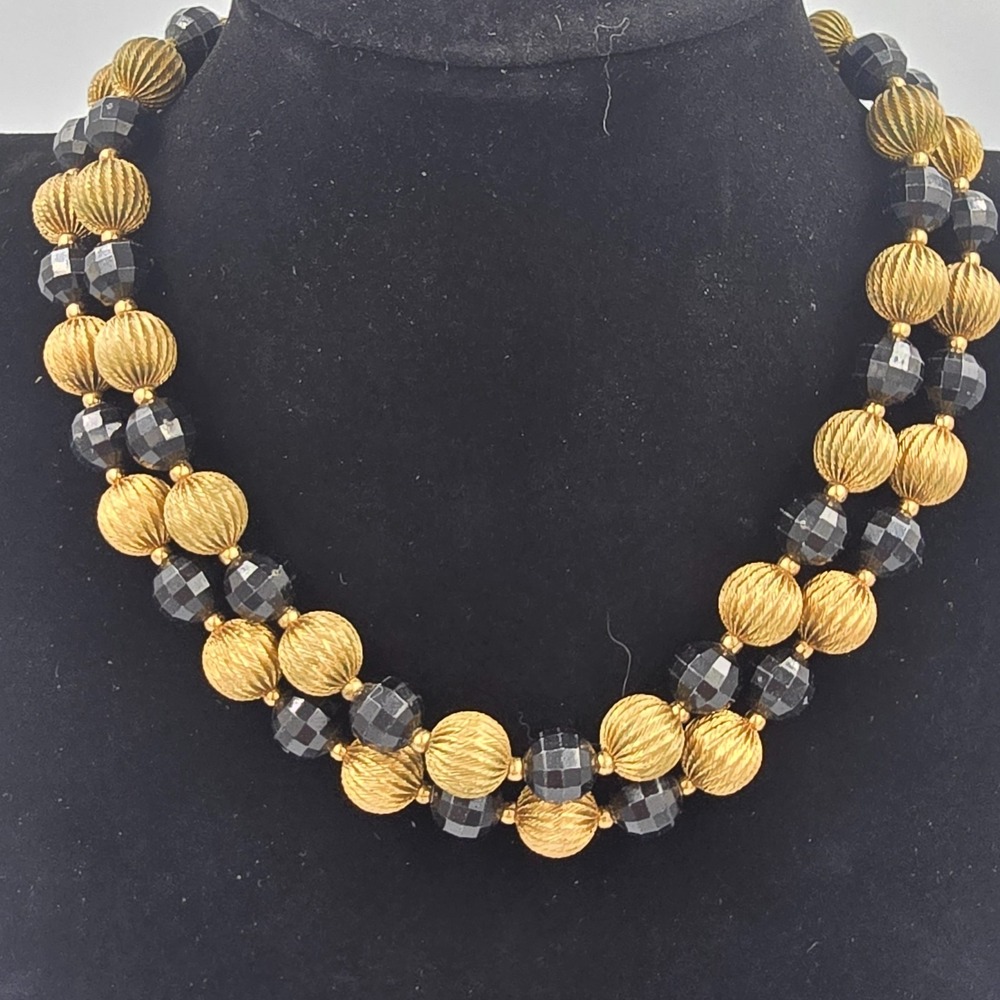 Vintage Black and Gold tone Bead Necklace Double Strand Faceted Classic Dressy - Picture 5 of 9